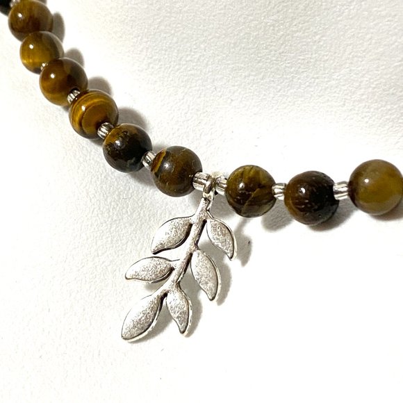 Tigers Eye Stone Silver Leaf Branch Necklace, Genuine Gemstone Beaded Necklace - Picture 4 of 10